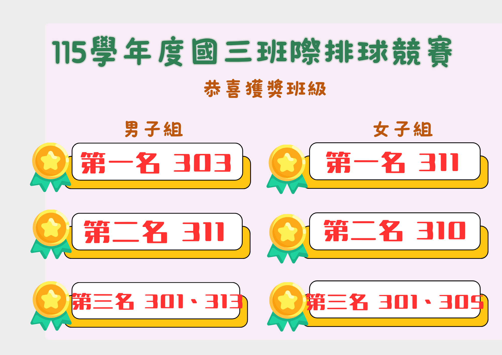 國三排球競賽成績公告